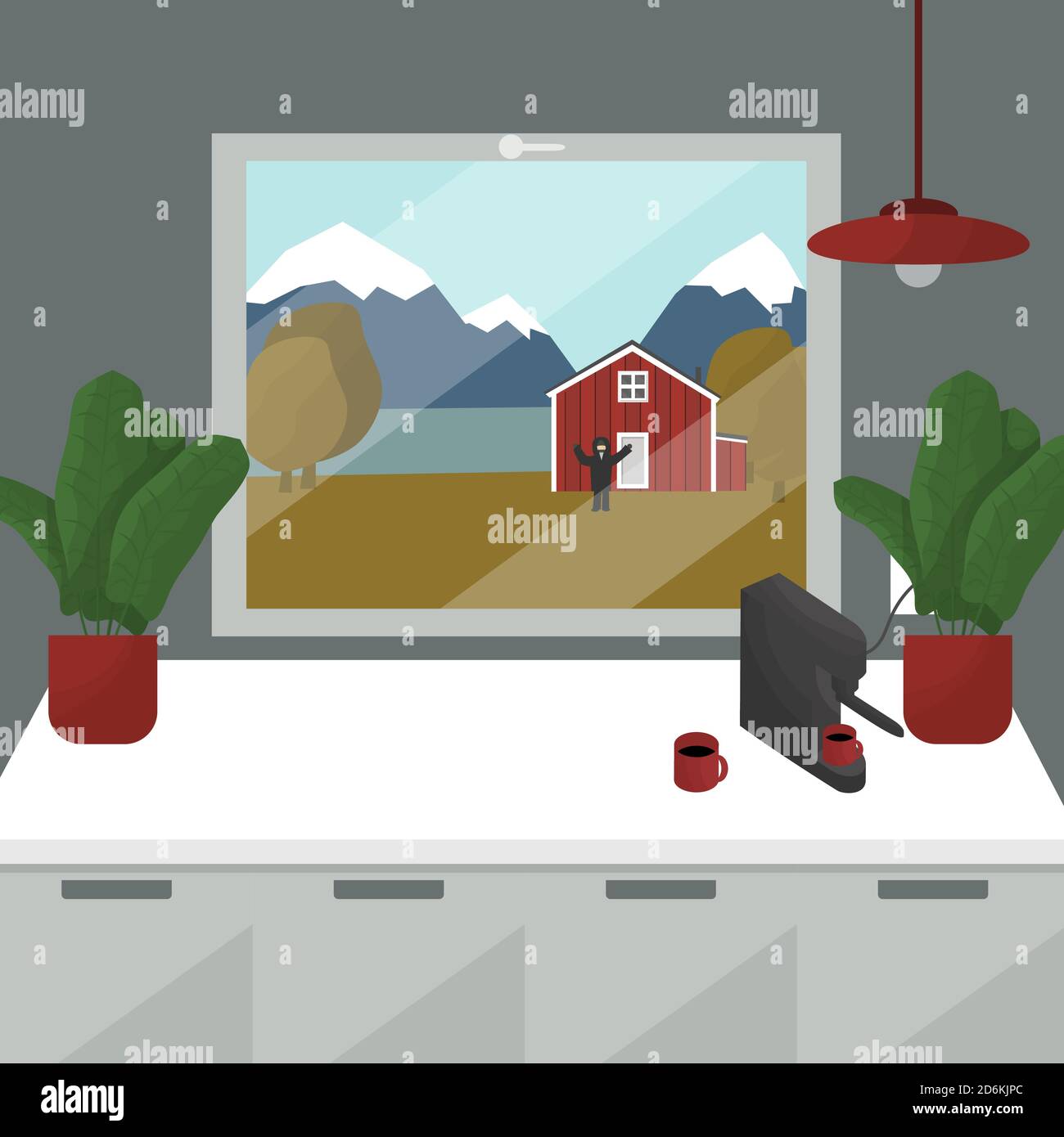 view from the kitchen window with pendant lamp, home plant, a coffee machine and cups to the mountains, river and the wooden house and man or woman in coat Stock Vector