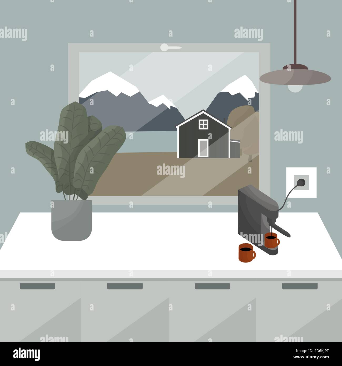 view from the kitchen window with pendant lamp, home plant, a coffee machine and cups of coffee to the mountains river and the wooden house Stock Vector