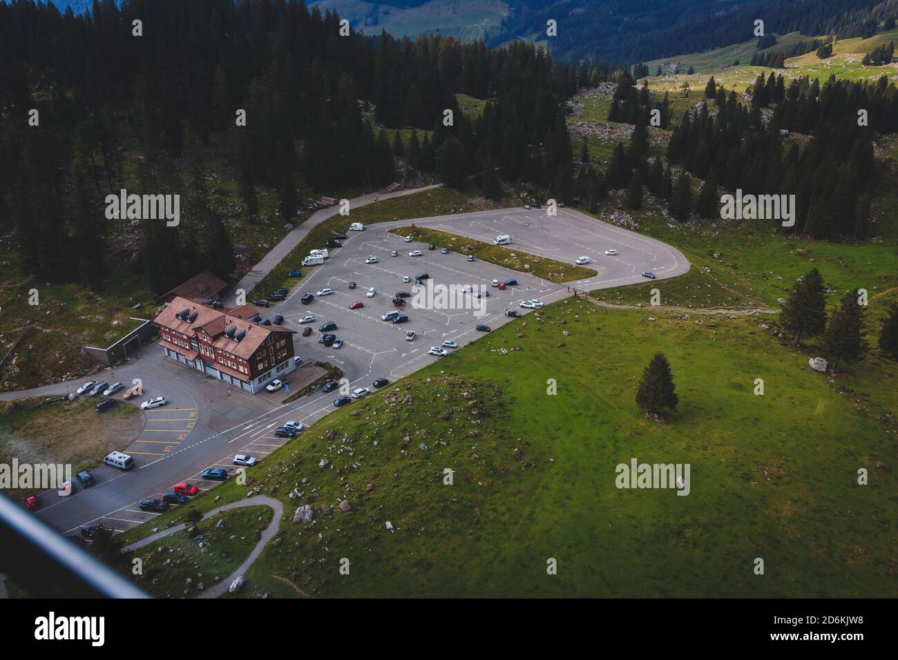 Parking lot of the Säntis valley station, Switzerland Stock Photo