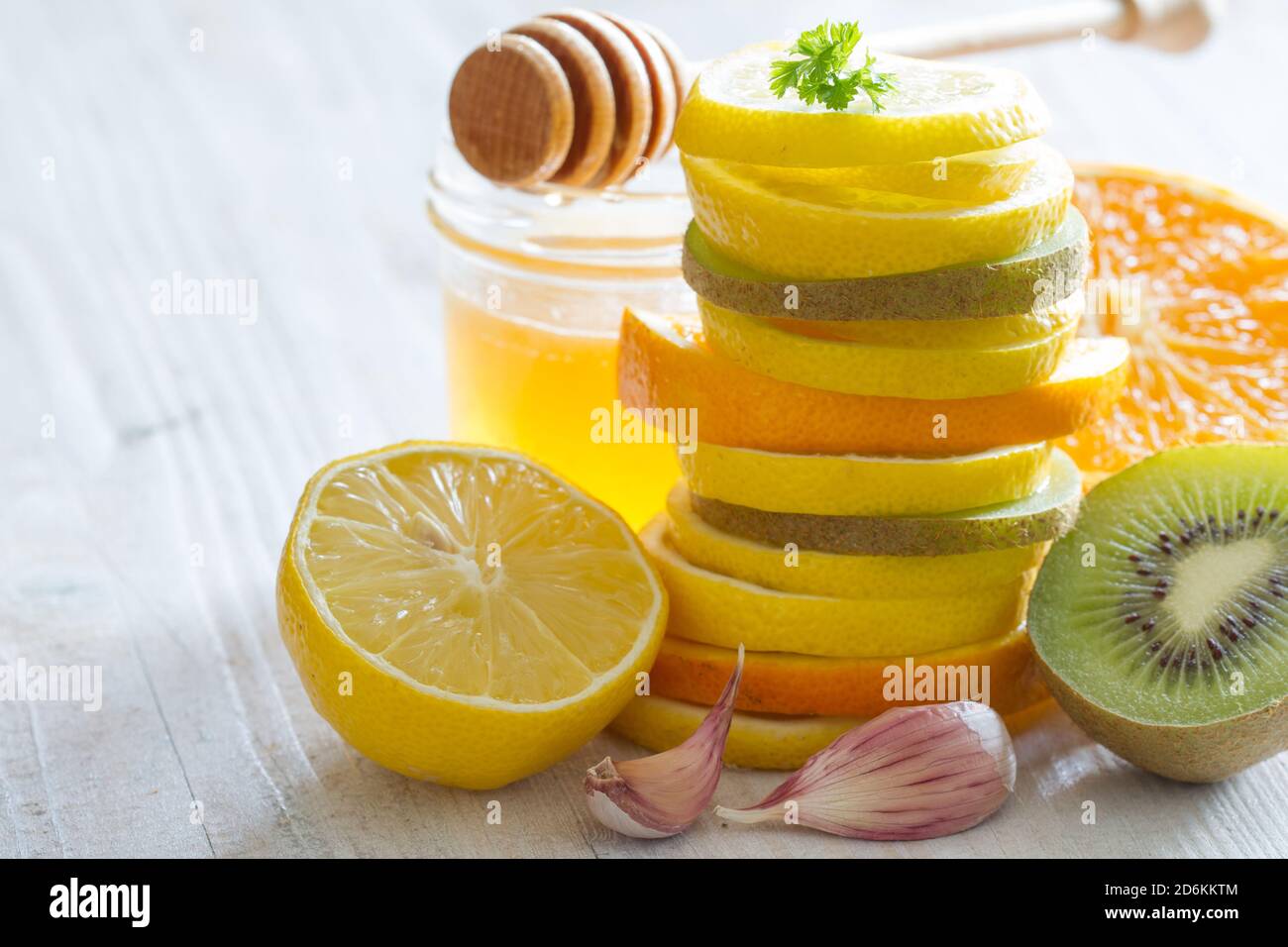 Citrus, honey and garlic as home remedies for colds and flu. Immunity concept Stock Photo