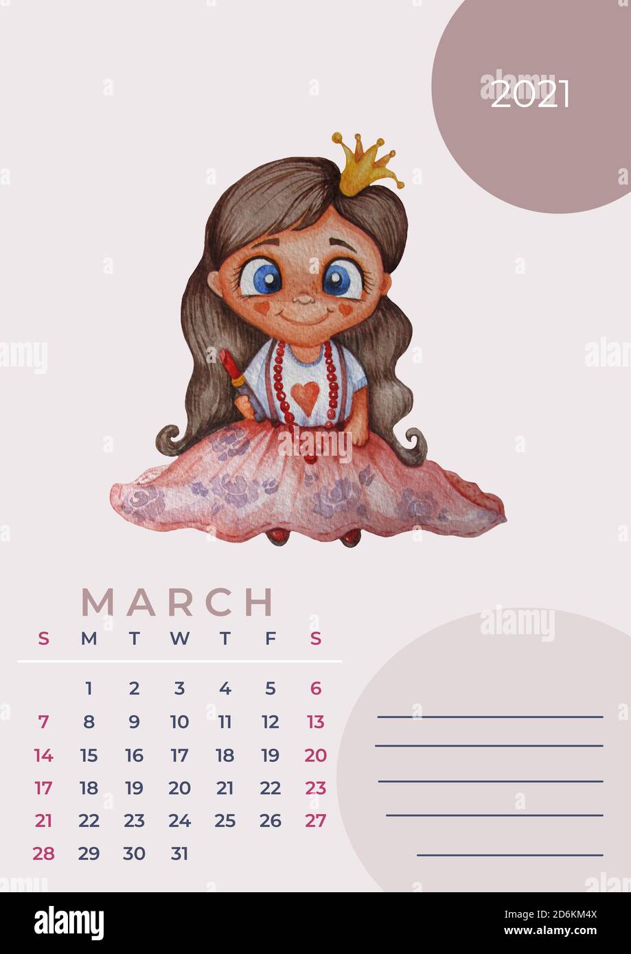 Calendar 2021 watercolor. Template for March. Watercolor drawing - cute  girl fashionista with lipstick in her hands. Space for notes. Design  planner Stock Photo - Alamy
