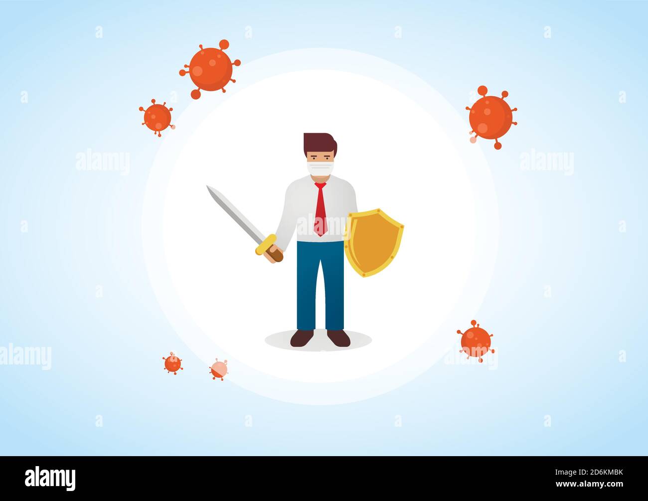 Businessman wearing virus protective medical mask holding sword and golden shield to protect from COVID-19. Stop coronavirus spreading. Vector Stock Vector