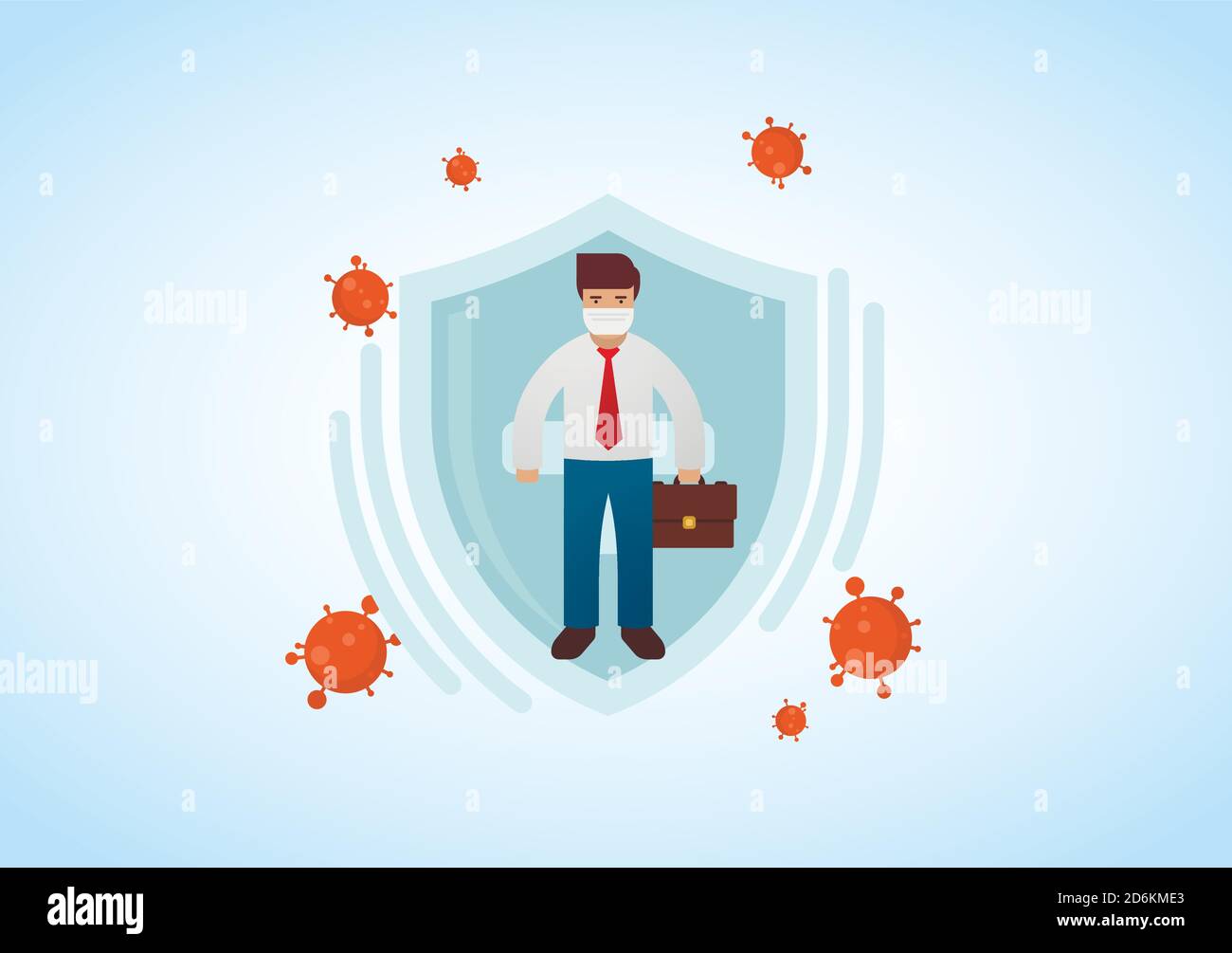 Businessman wearing virus protective medical mask holding briefcase. Business protection from COVID-19 concept. Stop coronavirus spreading. Vector Stock Vector