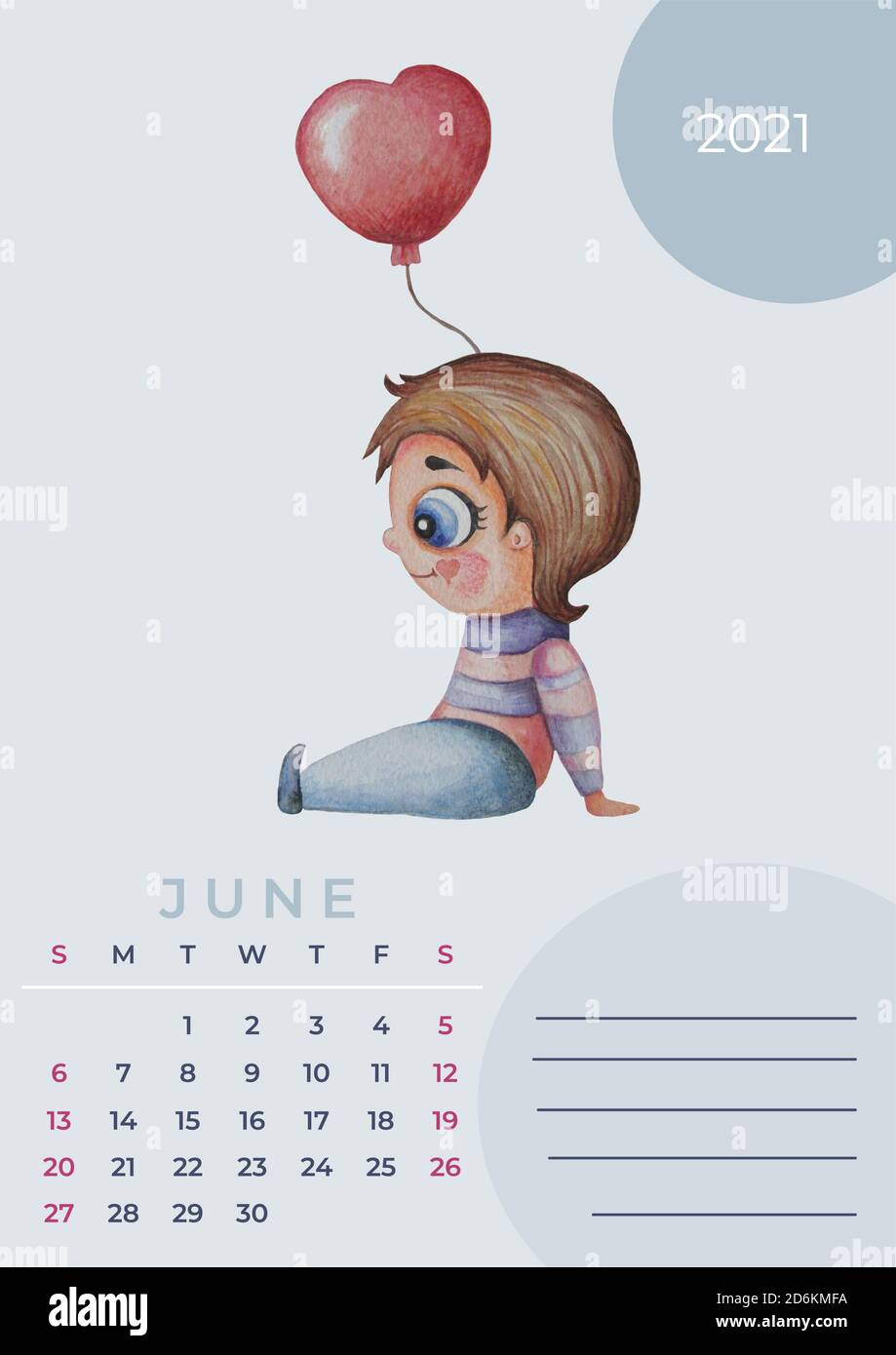 Calendar 2021 watercolor. Template for June. Watercolor drawing - a ...