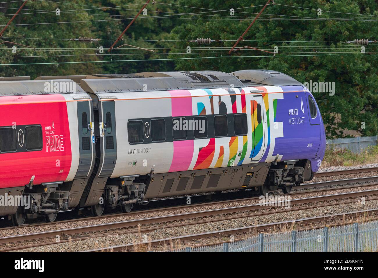 Avanti Pride Pendolino train on the West Coast Main Line. Multicoloured wrapped train. Stock Photo