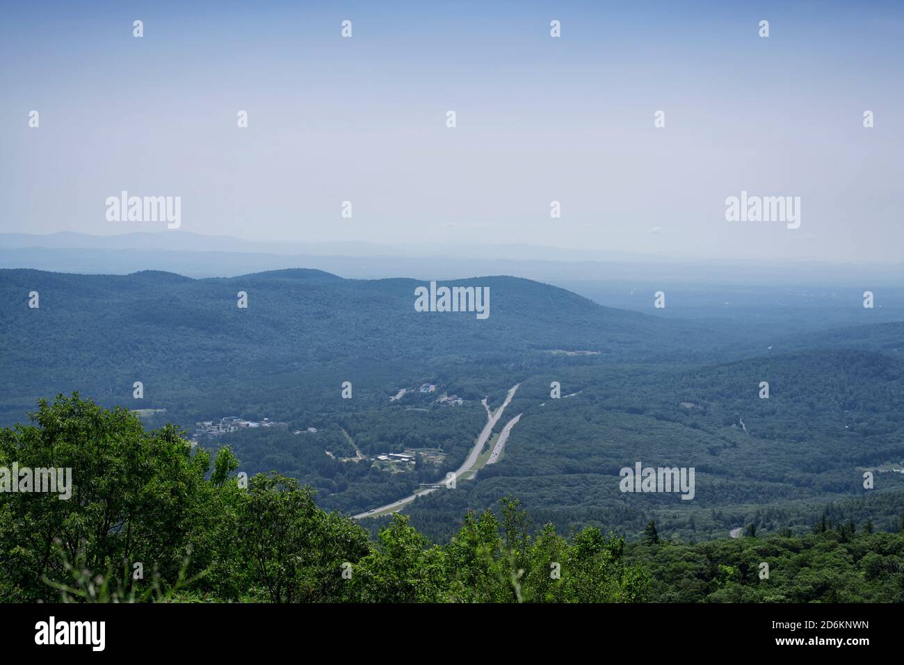 a landscape view from top of Prospect mountain overlooking the new york state thruway in Lake George new york on a sunny day. Stock Photo