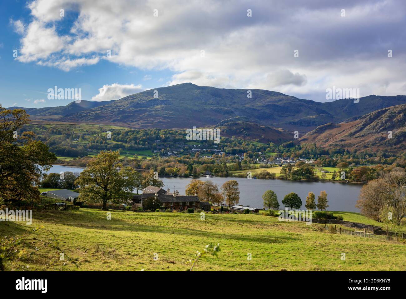 The Old Man of Coniston fell seen above the village and Coniston Water