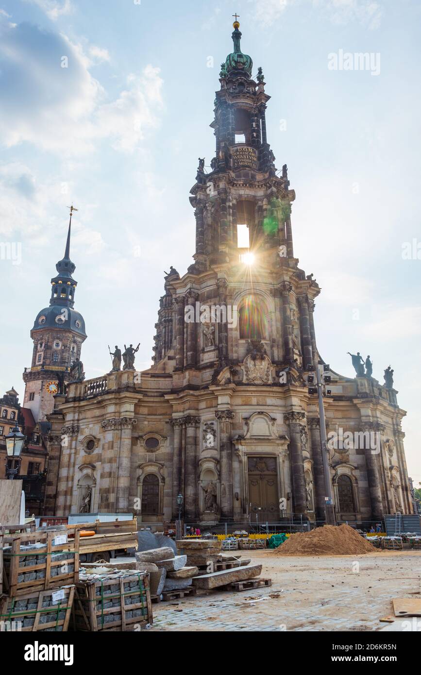 Dresden, Saxony / Germany - 08/15/2020 : The catholic baroque Cathedral of the Holy Trinity designed by Gaetano Chiaveri in 18th-century, during the r Stock Photo