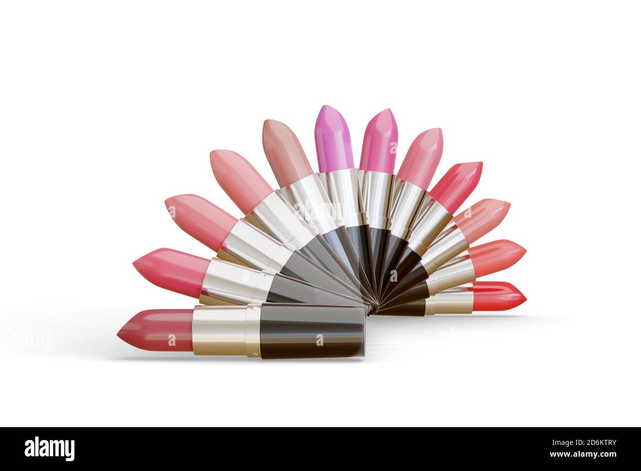 Lipsticks of different colors arranged in a semicircle on white background. 3d illustration. Stock Photo