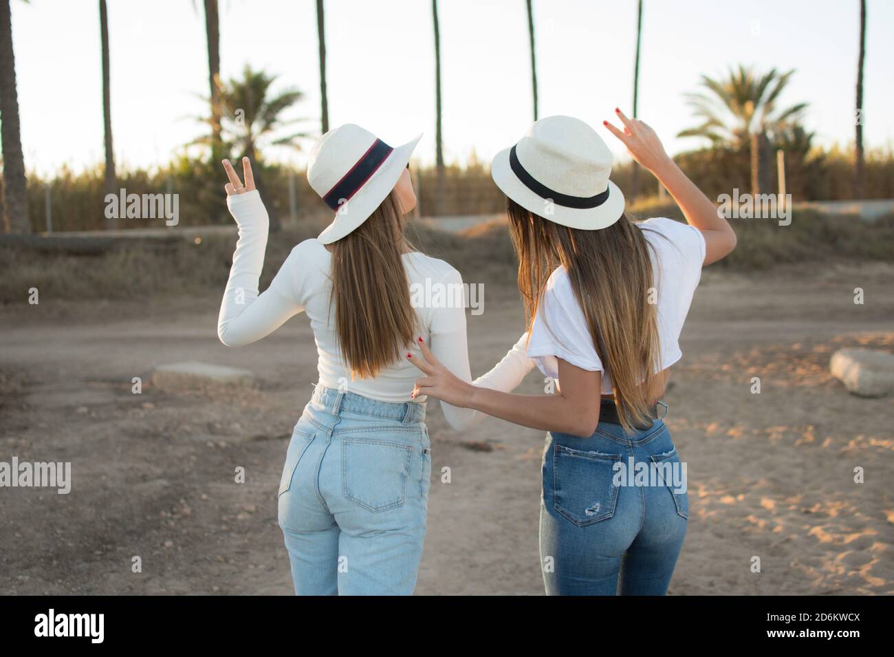 Two Friends Back Back view of two friends walking together in a park at sunrise with a ...