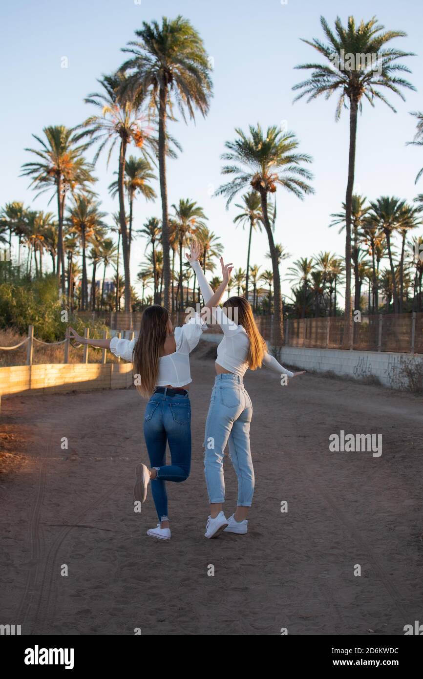 Two Friends Back Back view of two friends walking together in a park at sunrise with a ...
