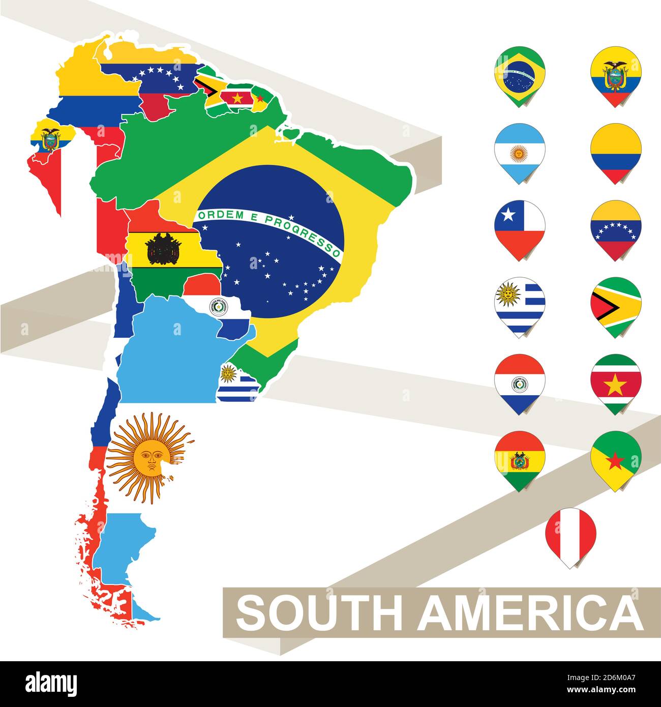 South America map with flags, South America map colored in with their flag. Vector Illustration. Stock Vector