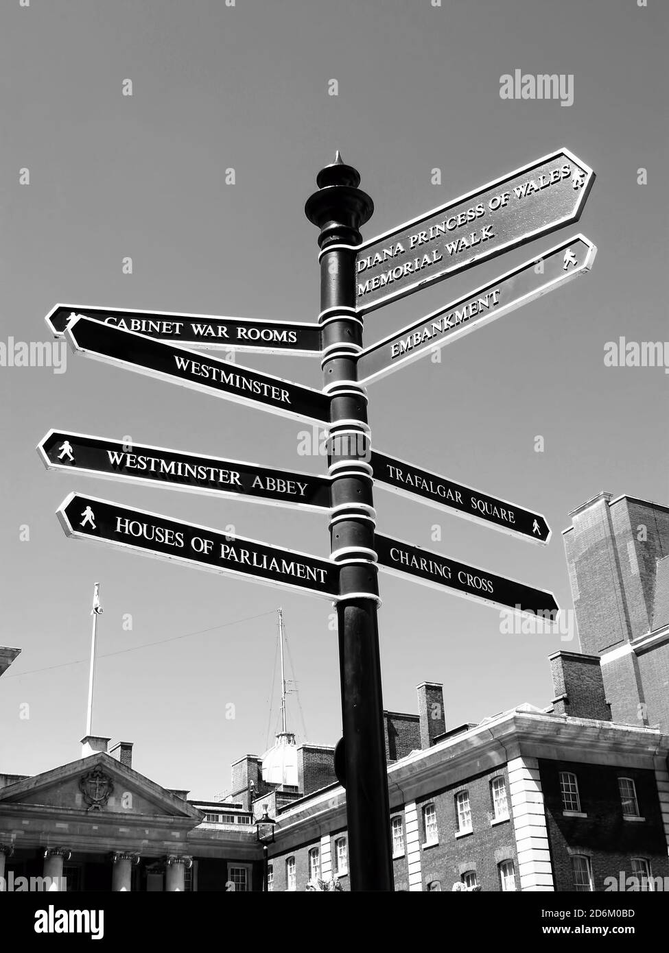 London retro street signpost giving directions to some of the most famous landmark attractions monochrome image Stock Photo