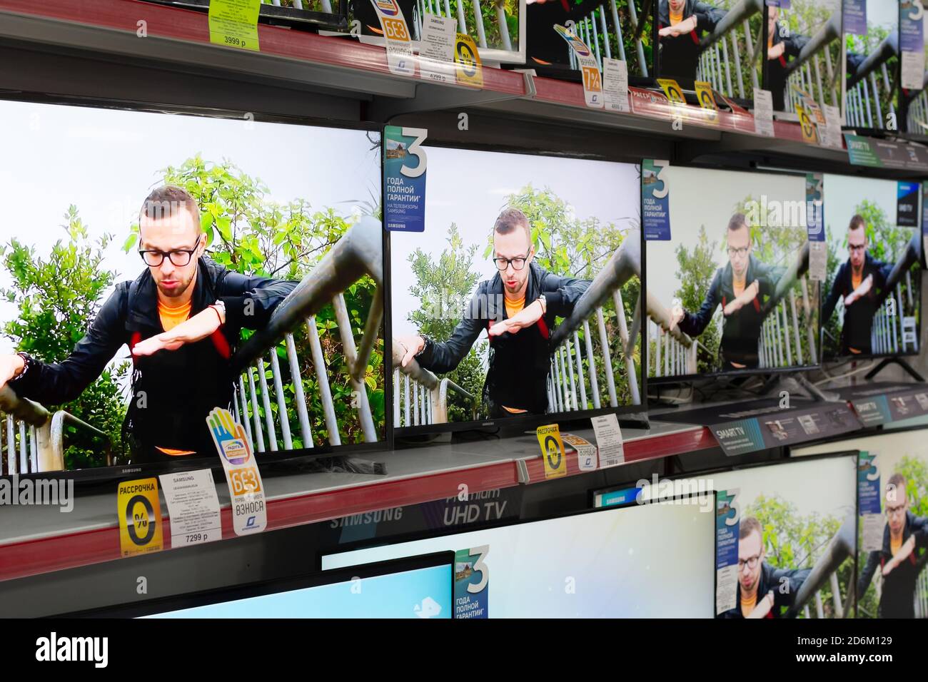 Tiraspol, Moldova - January 19, 2019: Wall of LCD Televisions at Store in Tiraspol, Moldova. Stock Photo