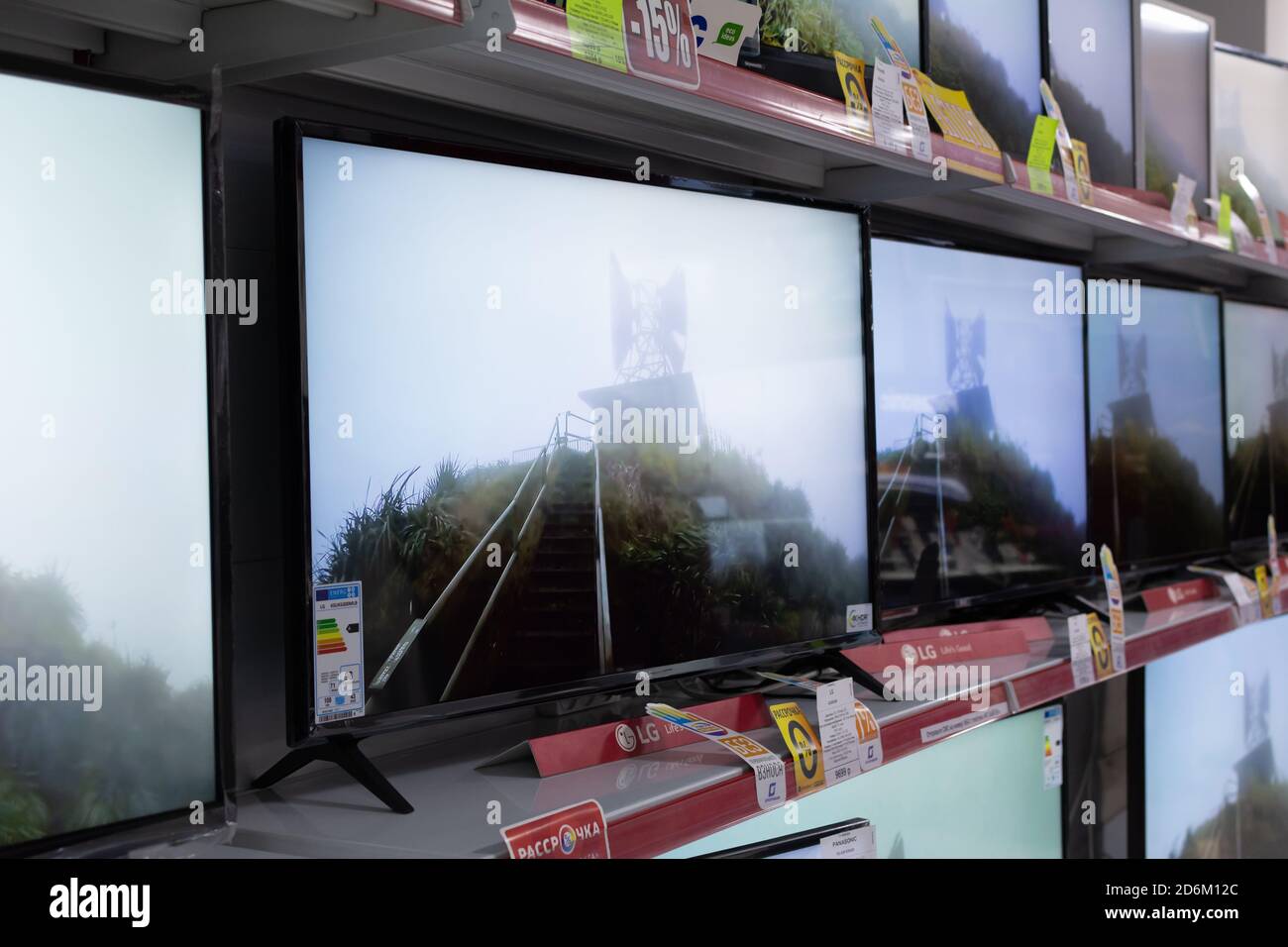 Tiraspol, Moldova - January 19, 2019: Wall of LCD Televisions at Store in Tiraspol, Moldova. Stock Photo