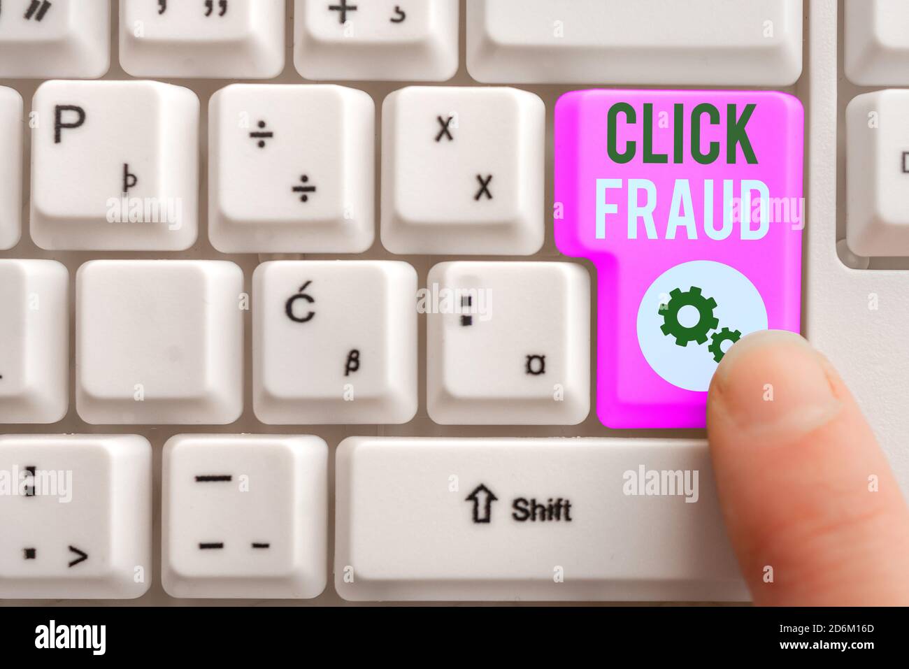 Word writing text Click Fraud. Business photo showcasing practice of repeatedly clicking on advertisement hosted website Different Colored PC keyboard Stock Photo