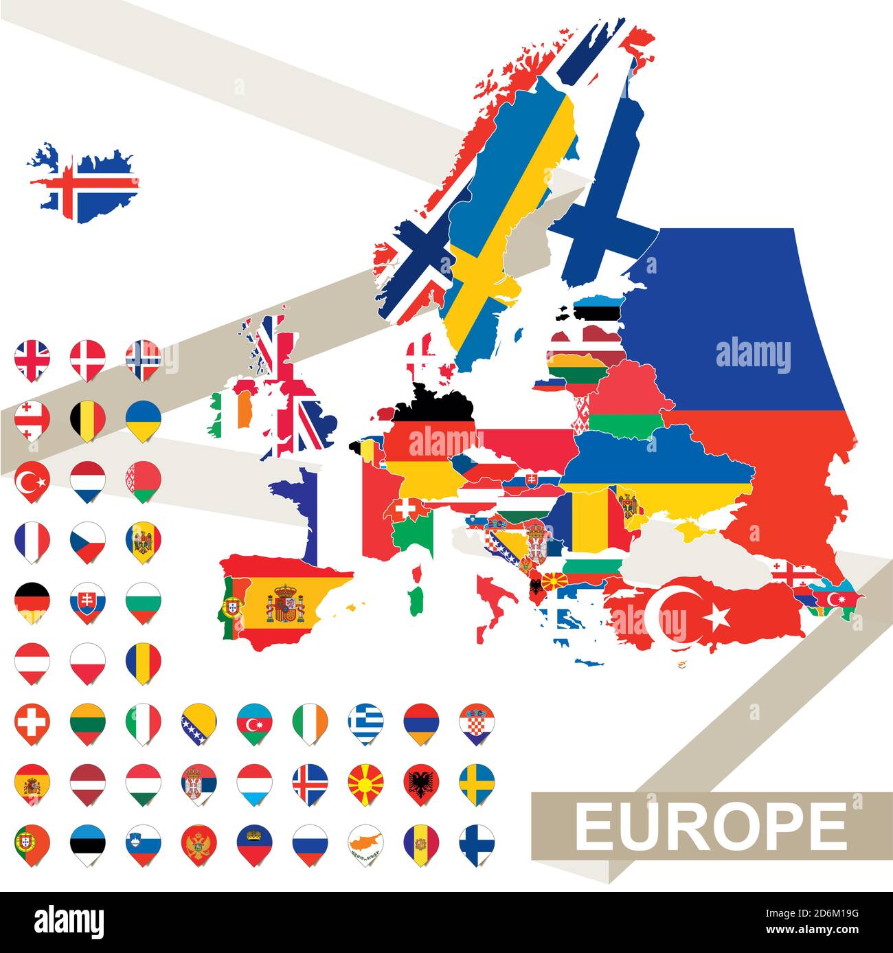 Europe map with flags, Europe map colored in with their flag. Vector Illustration. Stock Vector