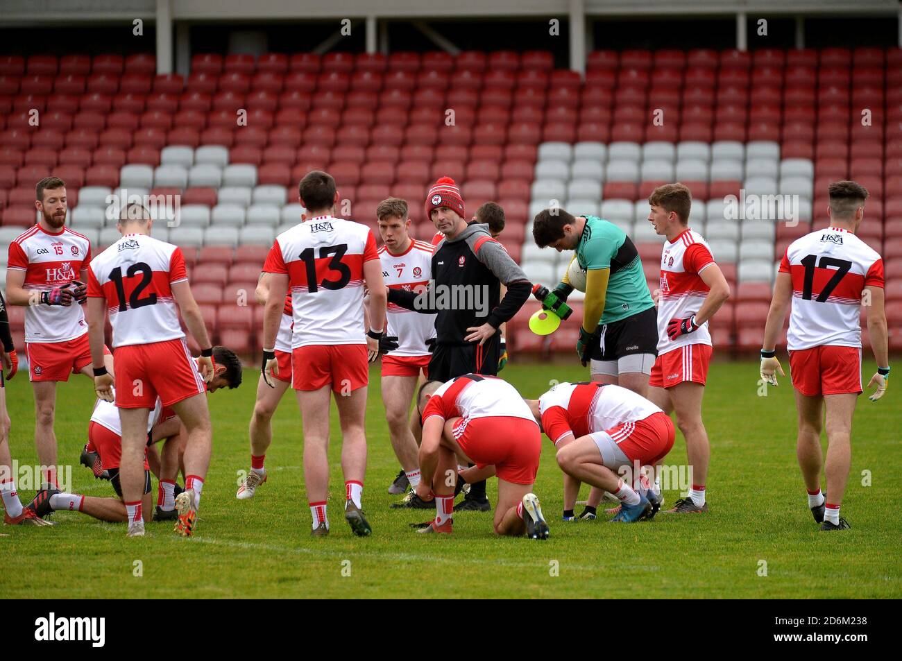 Derry senior football manager Rory Gallagher instructing players prior to the Inter County Championship gaelic football game against Longford in Celtic Park, 17th October 2020. ©George Sweeney / Alamy Stock Photo Stock Photo