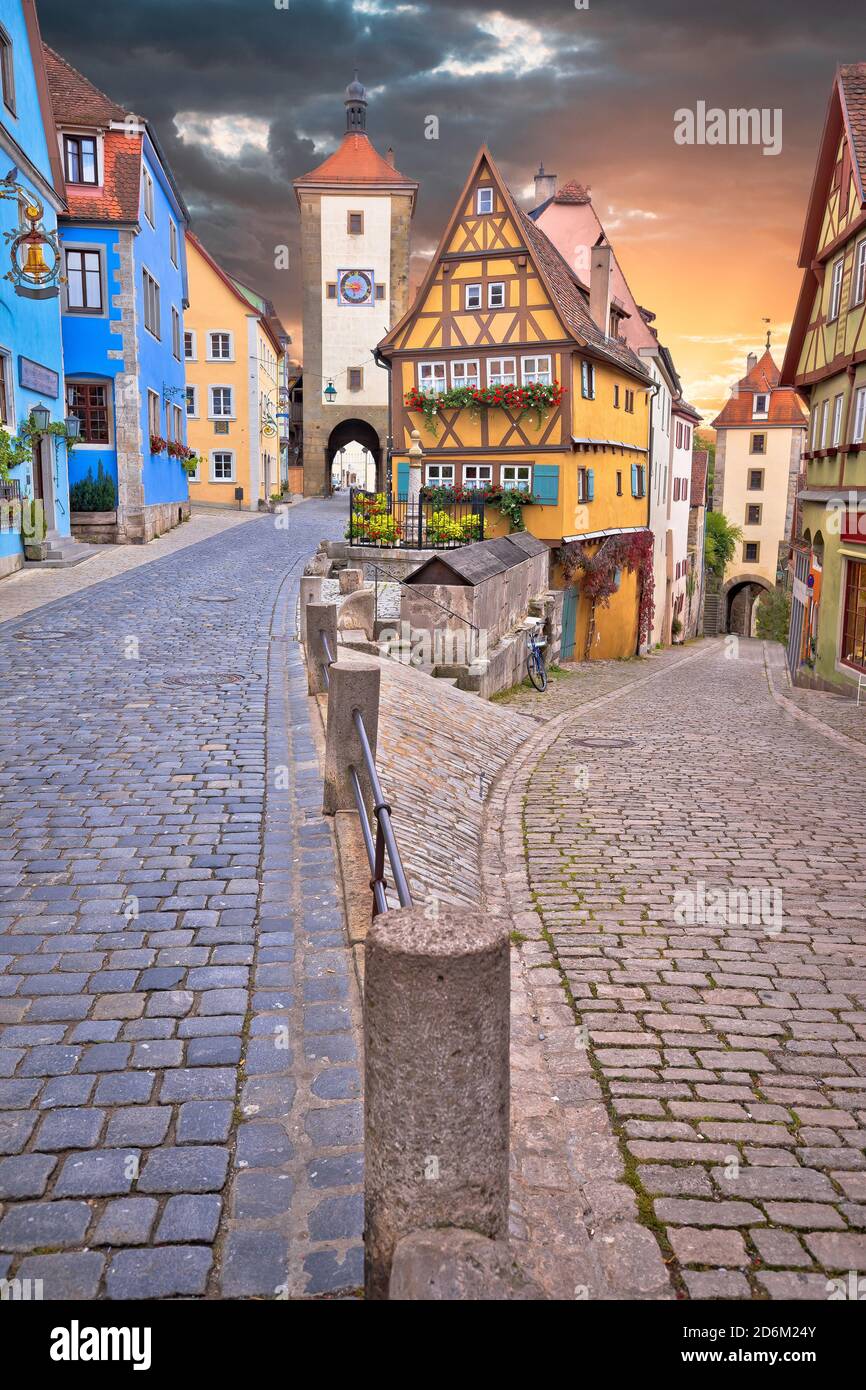 Rothenburg ob der Tauber famous landmark. Cobbled street and architecture of historic town of Rothenburg ob der Tauber view, Romantic road of Bavaria Stock Photo