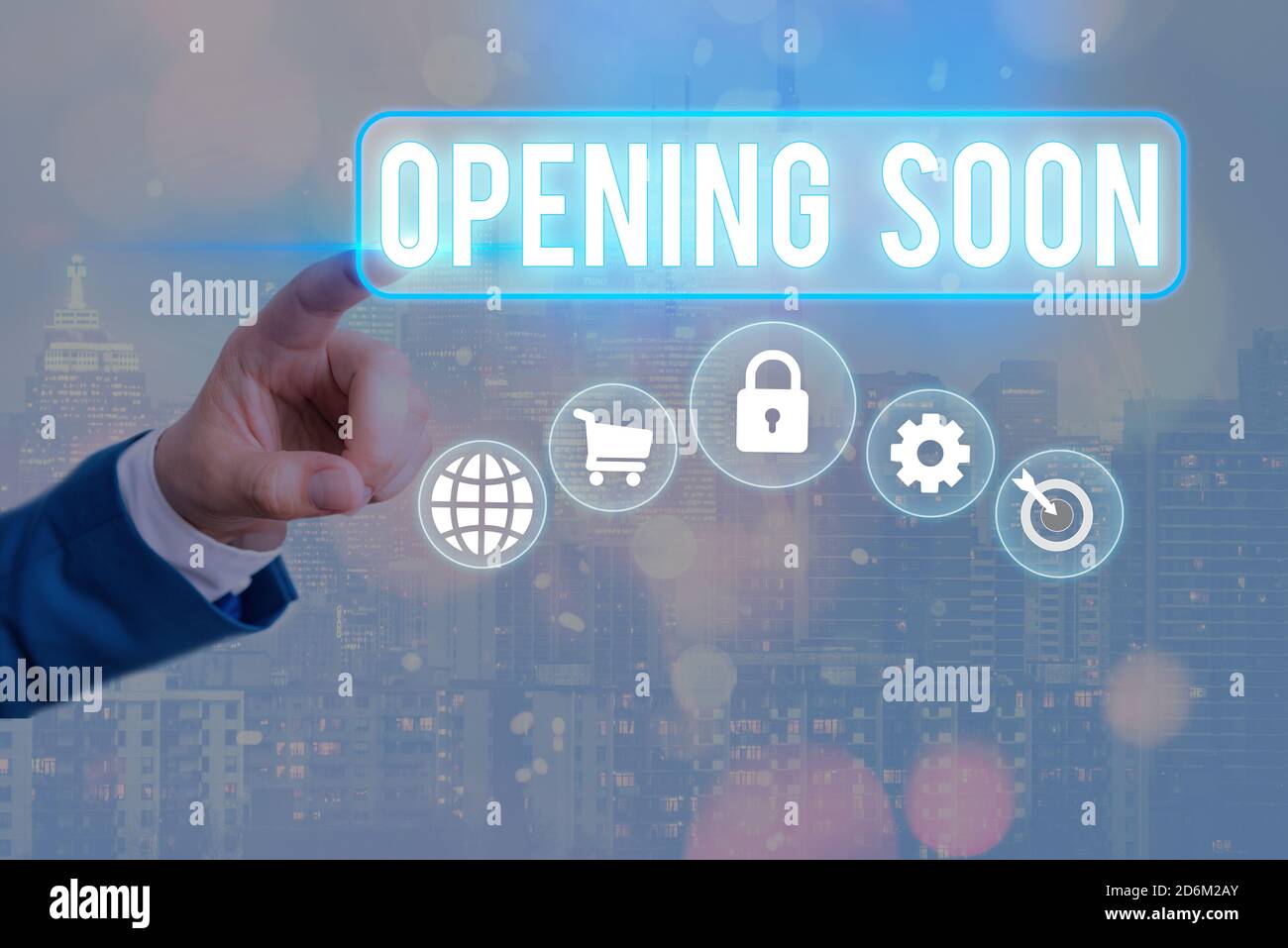 Conceptual hand writing showing Opening Soon. Concept meaning Going to be  available or accessible in public anytime shortly Information digital  techno Stock Photo - Alamy