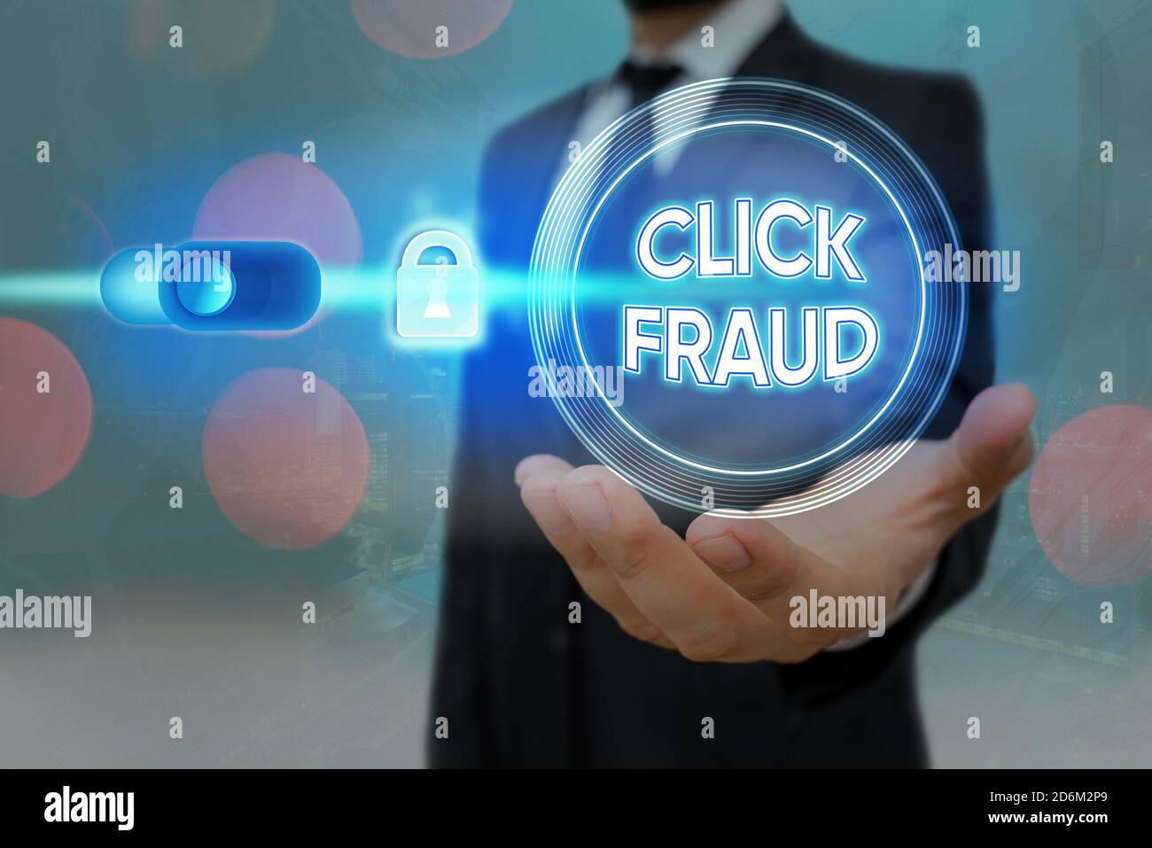 Text sign showing Click Fraud. Business photo text practice of repeatedly clicking on advertisement hosted website Graphics padlock for web data infor Stock Photo