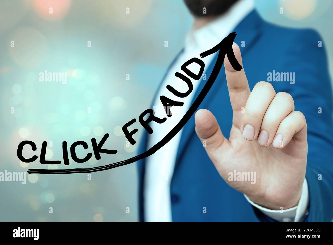 Handwriting text Click Fraud. Conceptual photo practice of repeatedly clicking on advertisement hosted website digital arrowhead curve rising upward d Stock Photo