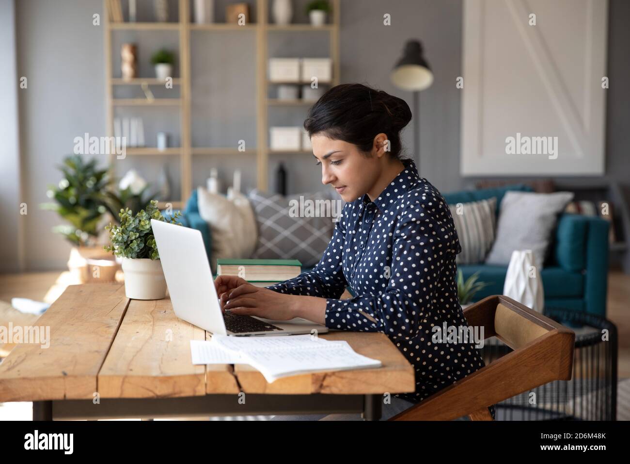 Businesswoman sit at desk in modern room texting on laptop Stock Photo
