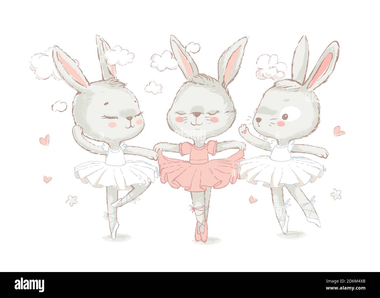 3 Sweet ballerina bunnys illustration vector for print design and other uses. White dancing rabbits illuatration. Can be used for t-shirt print, kids Stock Vector