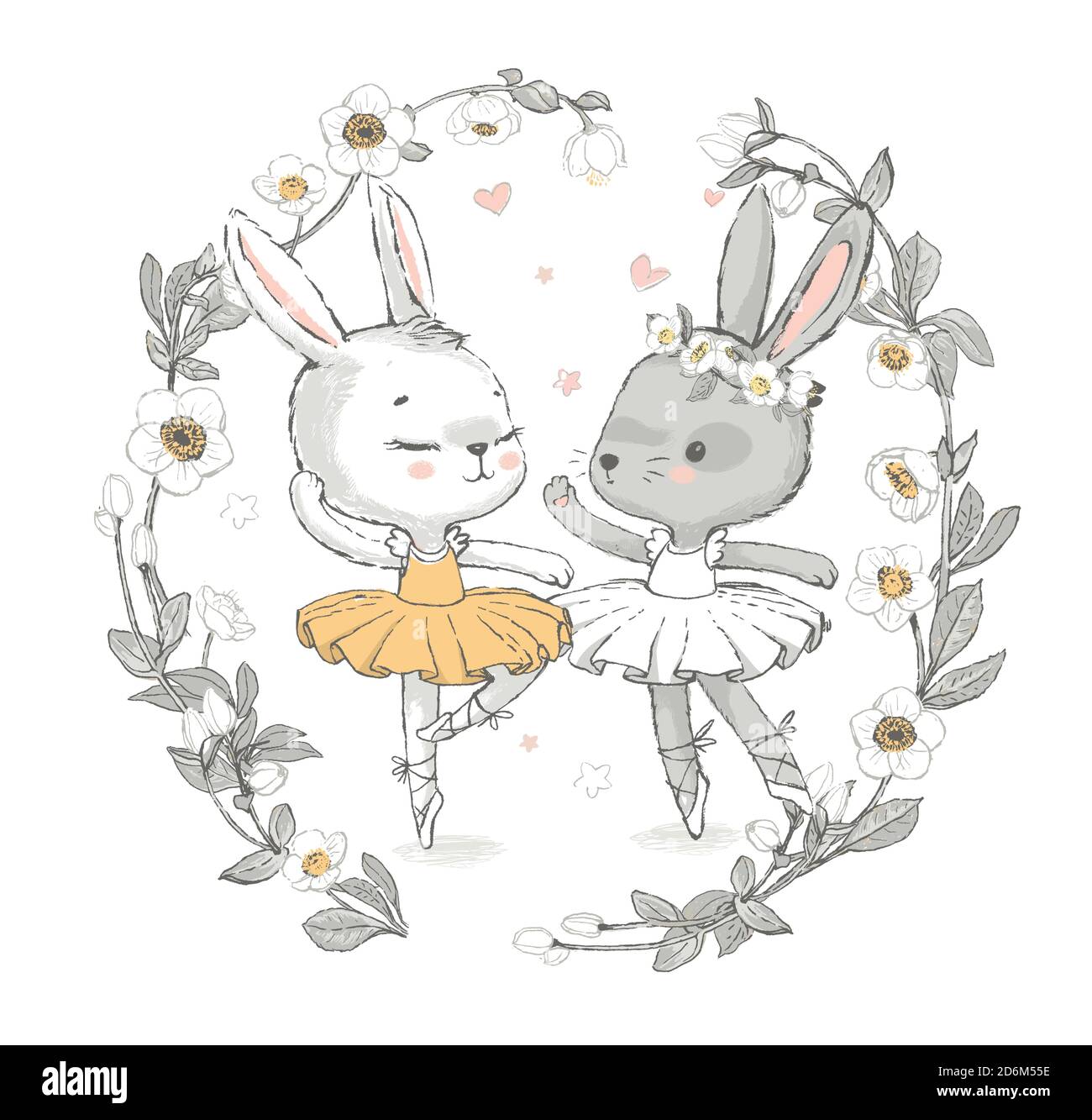 Illustration of two grey and white dancing ballerina bunnyes. Little rabbits girls dancing. Wreath with beautiful flowers in the background. Can be Stock Vector