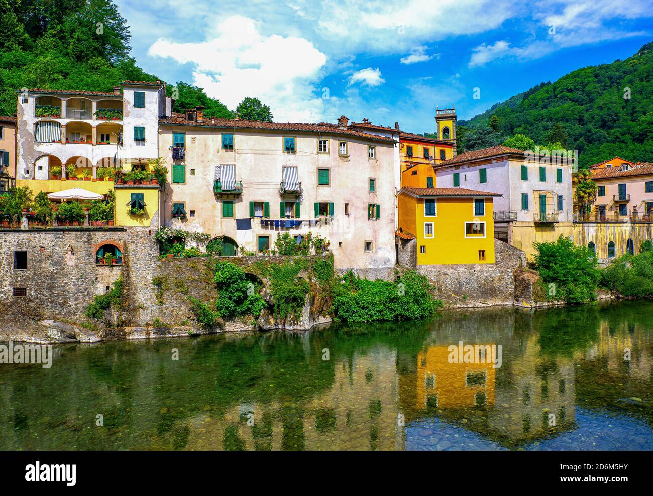 Italy, Bagni di Lucca, houses wih reflection on the Lima River Stock