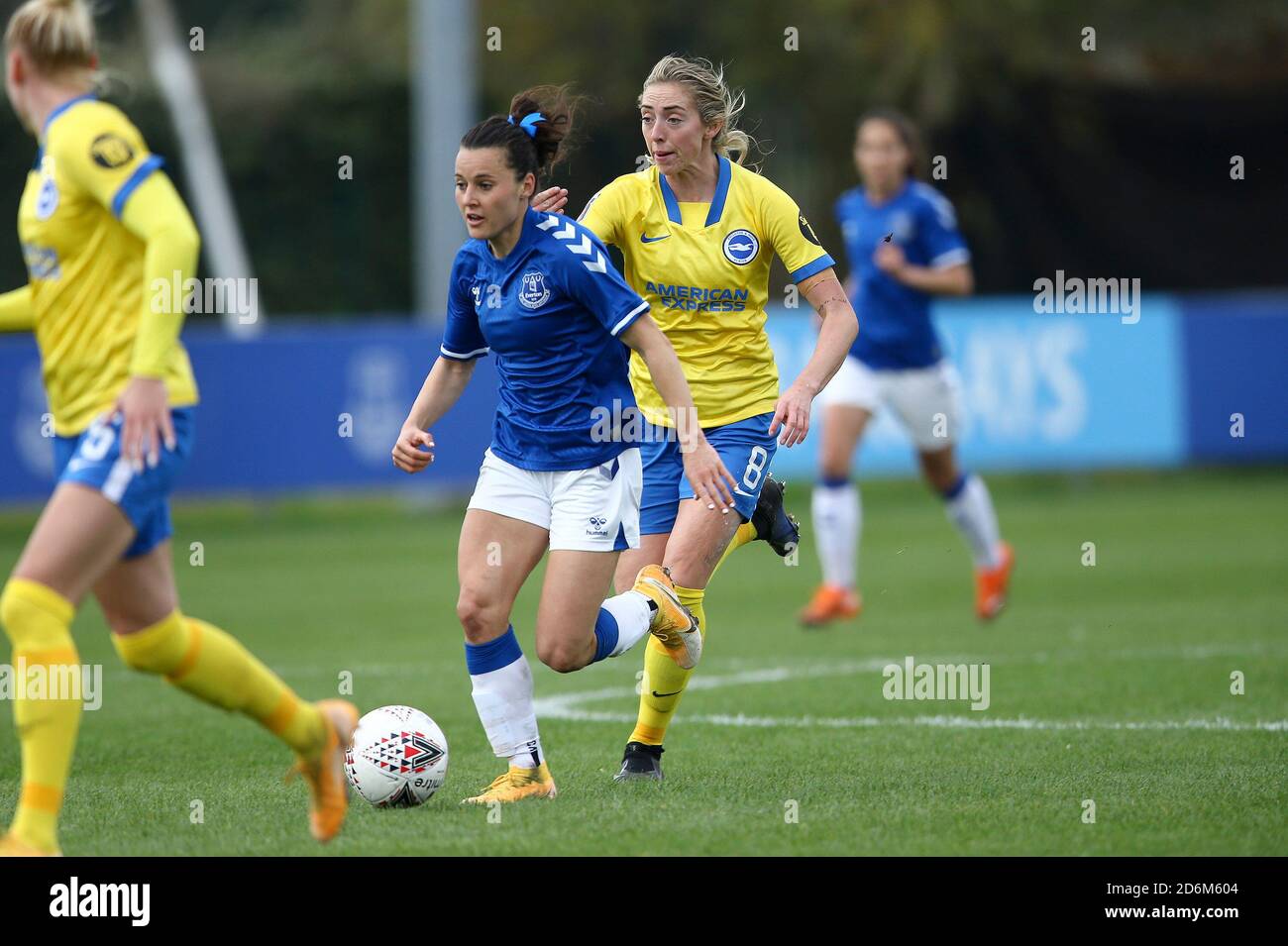 Liverpool, UK. 18th Oct, 2020. Hayley Raso of Everton (l) looks to get away from Megan Connolly of Brighton & Hove Albion (r). Barclays Women's super league match, Everton Women v Brighton & Hove Albion Women at Walton Hall Park in Liverpool on Sunday 18th October 2020. this image may only be used for Editorial purposes. Editorial use only, license required for commercial use. No use in betting, games or a single club/league/player publications.pic by Chris Stading/Andrew Orchard sports photography/Alamy Live News Credit: Andrew Orchard sports photography/Alamy Live News Stock Photo