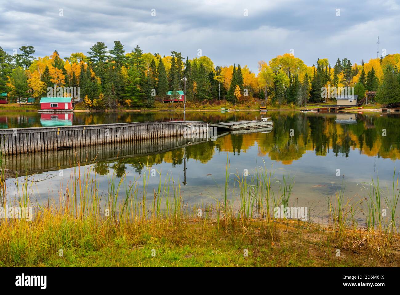Fall foliage color and lakeside cottages near Sioux Narrows, Ontario