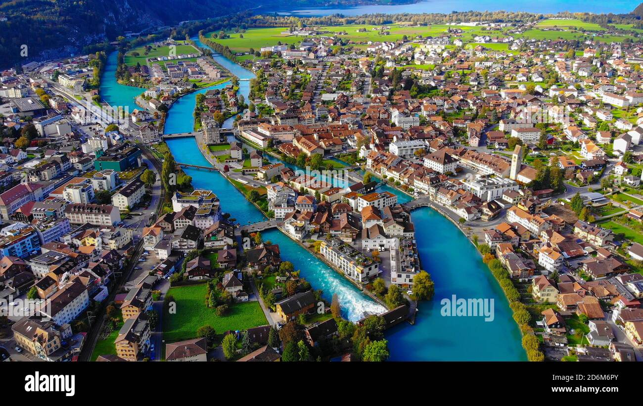 Aerial view over the city of Interlaken in Switzerland Stock Photo Alamy