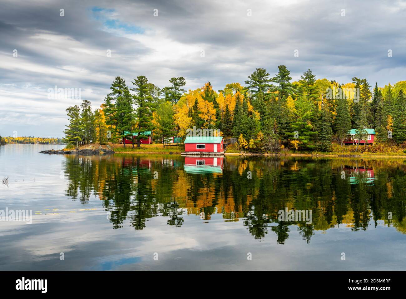 Fall foliage color and lakeside cottages near Sioux Narrows, Ontario