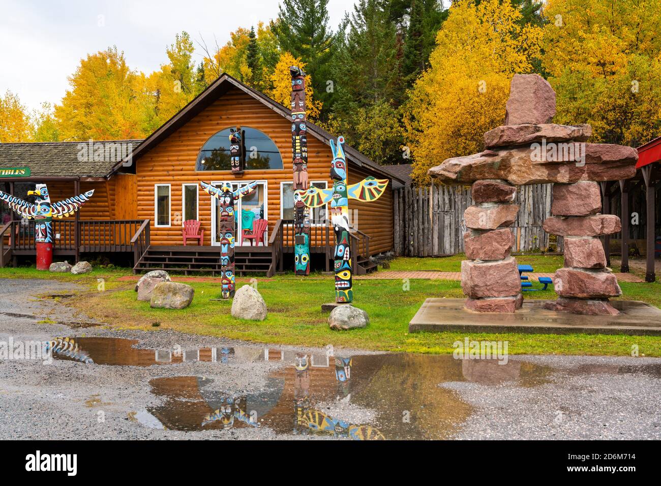 Fall foliage color and totem poles at Sioux Narrows, Ontario, Canada