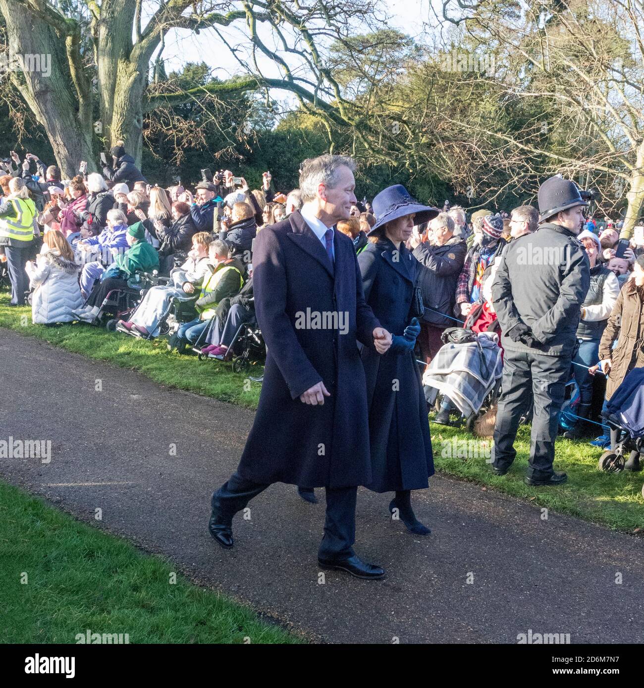 Lady Sarah Chatto and Daniel St George Chatto returning from church on Christmas Day 2019 on the Sandringham Estate in Norfolk, UK Stock Photo