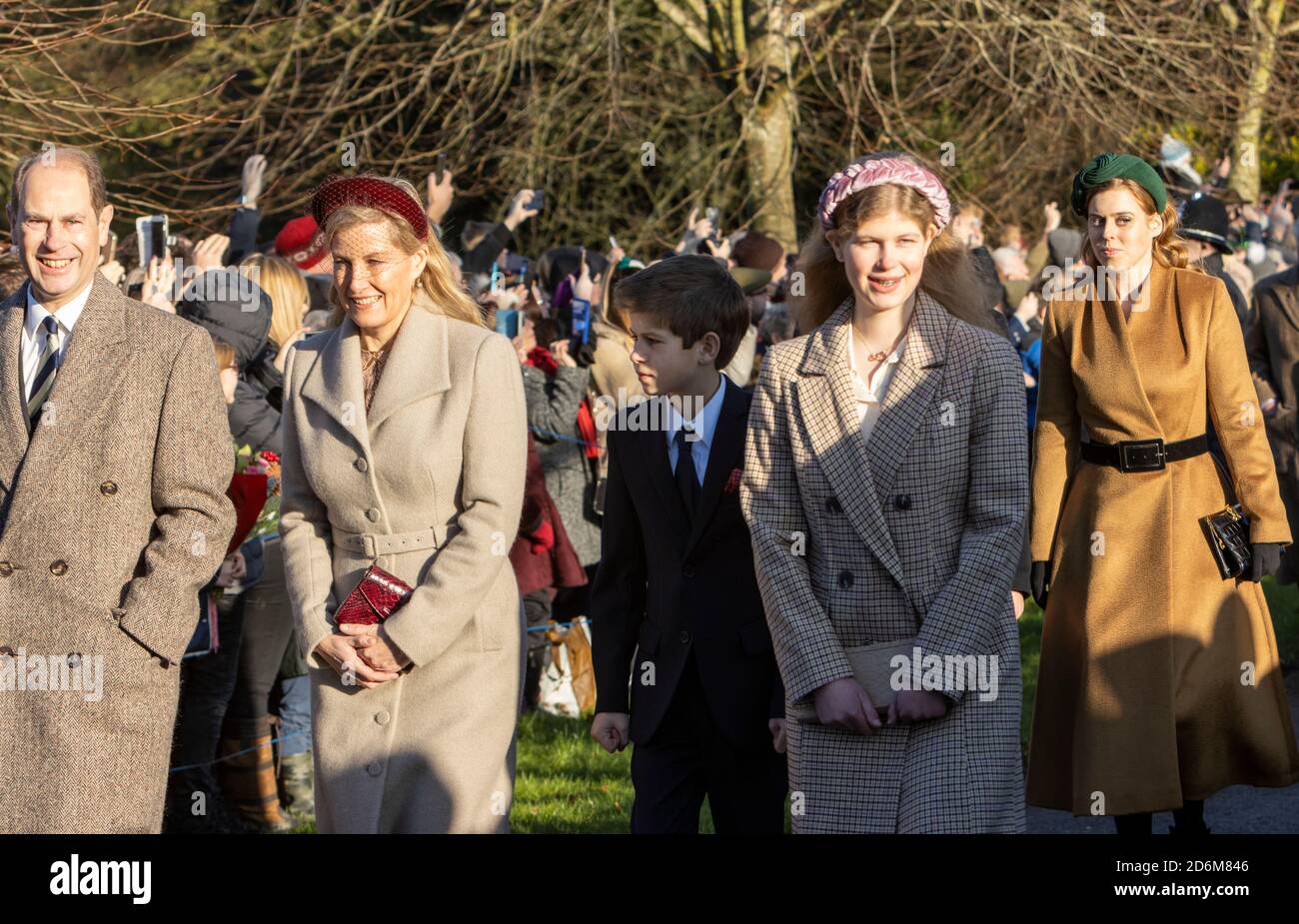 Prince Edward Earl of Wessex with Sophie Countess of Wessex, Lady Louise Windsor and James Viscount Severn at Sandringham on Christmas Day 2019. Stock Photo