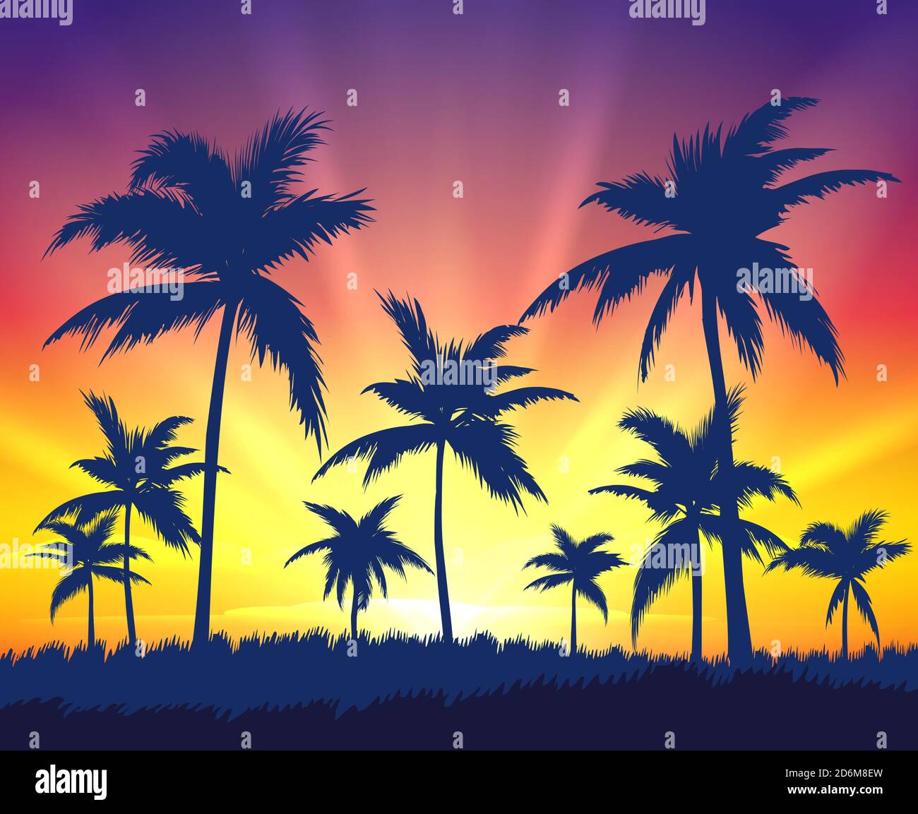 Tropical trees silhouettes on sunset Stock Vector