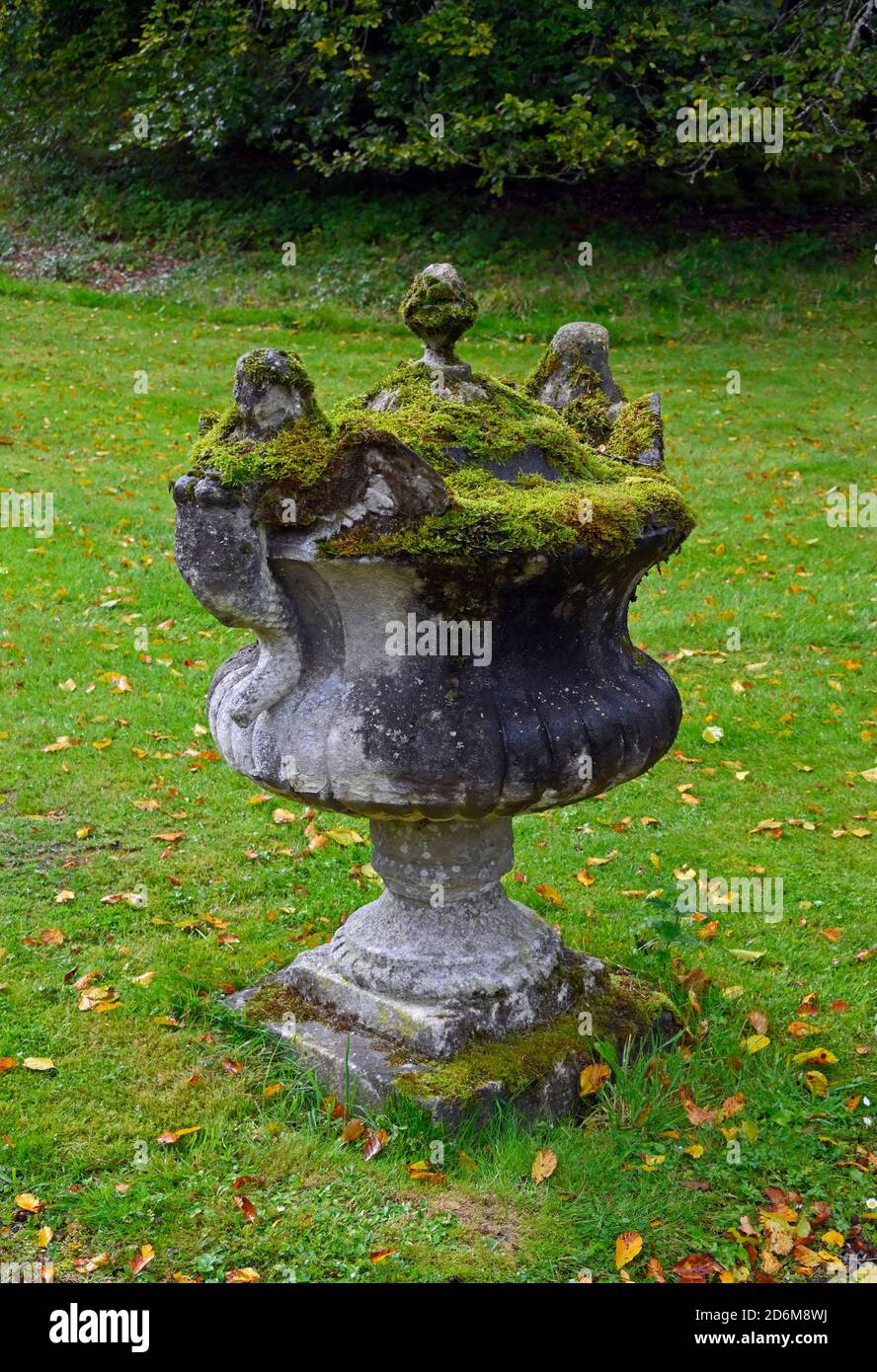Ornamental stone urn with moss. Hopetoun House and Gardens, South Queensferry, Scotland, United Kingdom, Europe. Stock Photo