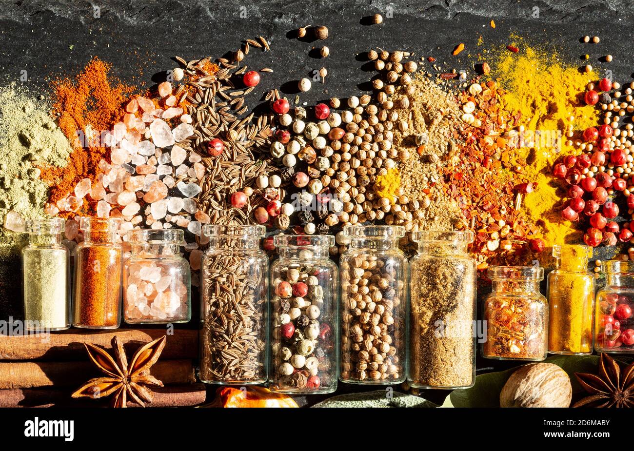Various spices on granite background Stock Photo