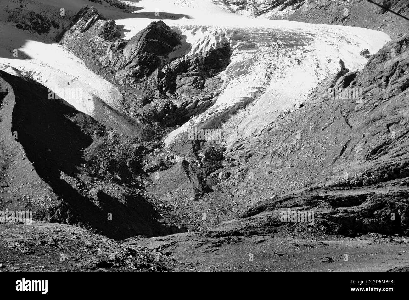 The global climate change is responsable for fast melting glaciers and permafrost like here at Morteratsch glacier in the upper Engadin Stock Photo