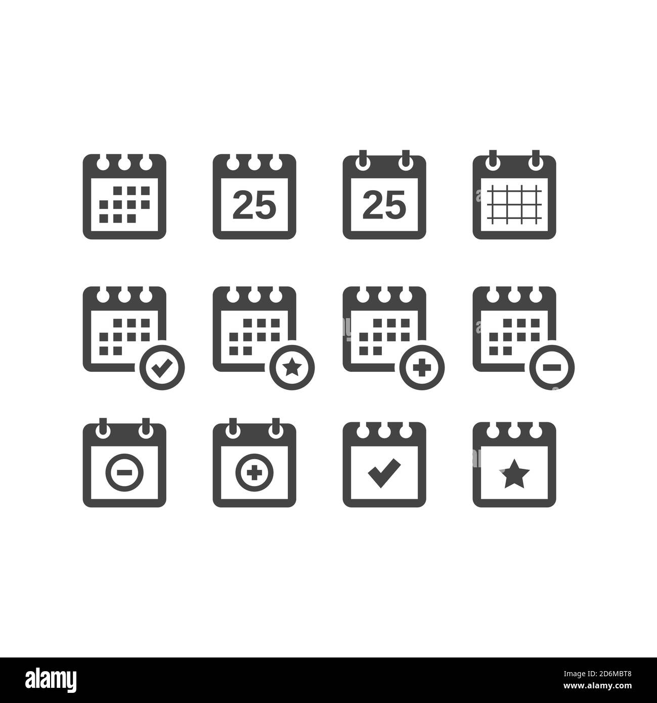 Calendar black vector icon set. Calender with date, star, plus and minus sign glyph icons. Stock Vector