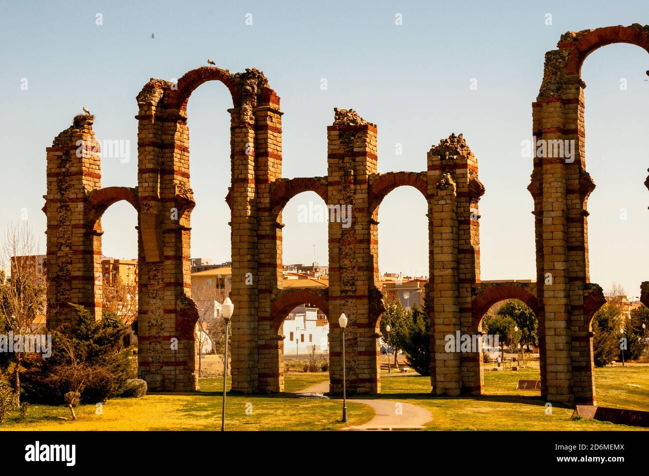 Residents of Mérida call the Los Milagros Aqueduct 'Miraculous Aqueduct' for the awe it inspires, Spain. Stock Photo