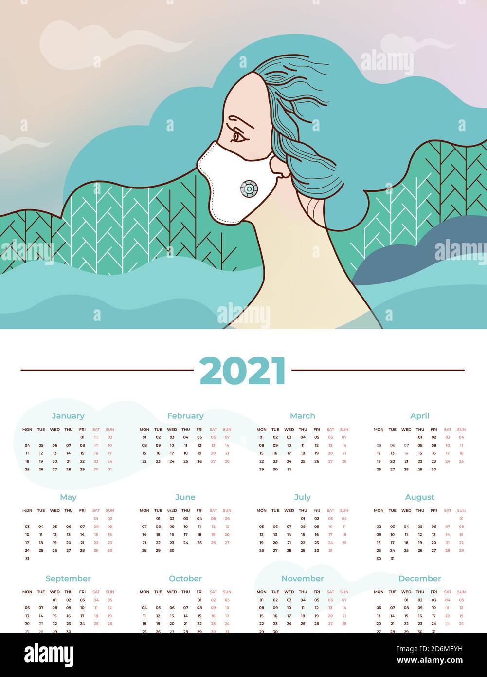 Vector calendar 2021 printable A3 template. New Year's days. Week starts on Monday, 12 months annual schedule. Woman in protective mask, respirator on Stock Vector
