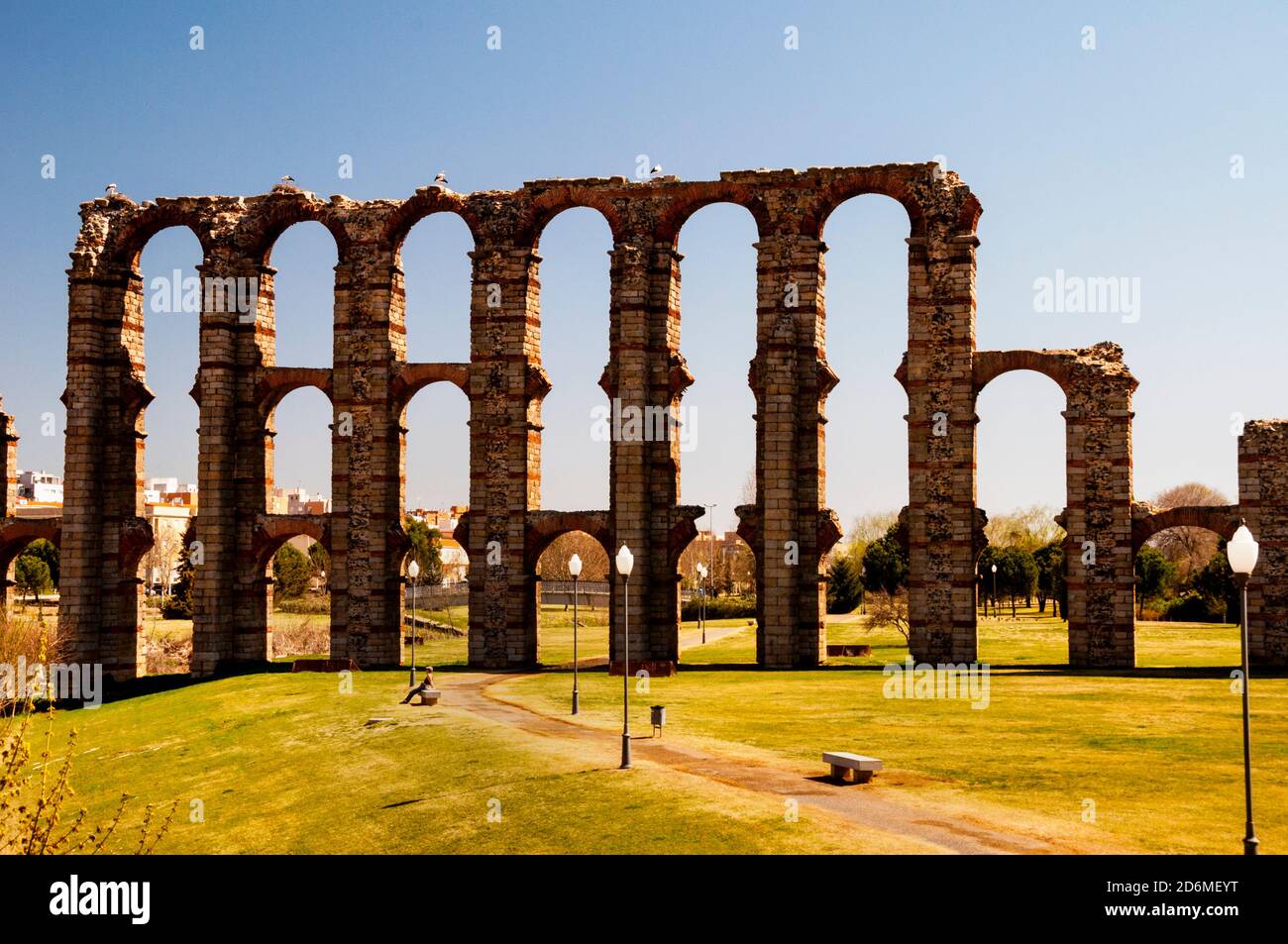 Residents of Mérida call the Los Milagros Aqueduct 'Miraculous Aqueduct' for the awe it inspires, Spain. Stock Photo