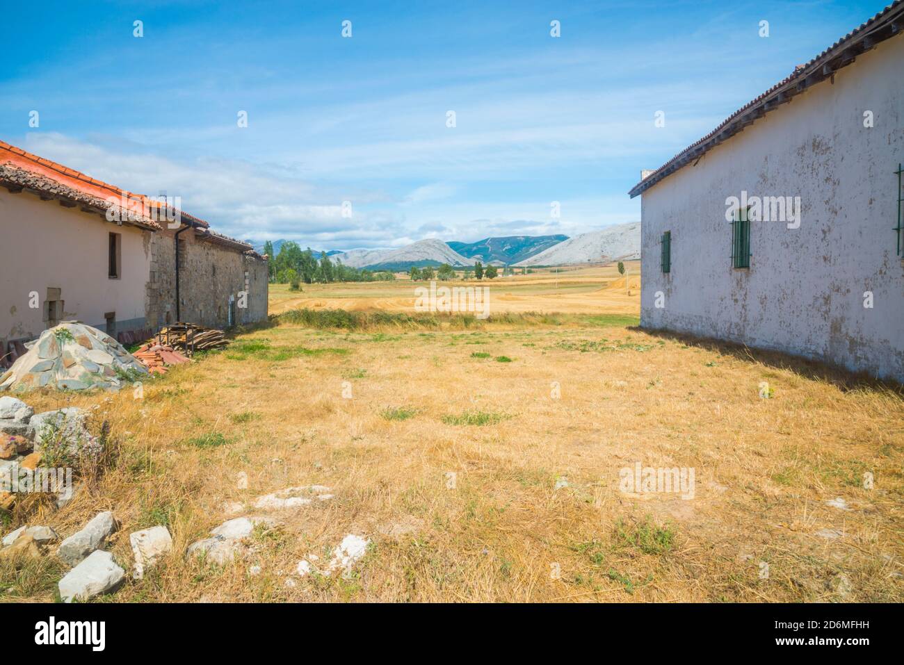 Houses and landscape. Traspeña de la Peña, Palencia province, Castilla Leon, Spain. Stock Photo