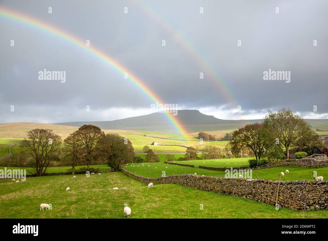 Rainbow over  the Yorkshire dales countryside farmland with the  mountain of Pen-y-ghent  on the Pennine Way in the distance Stock Photo