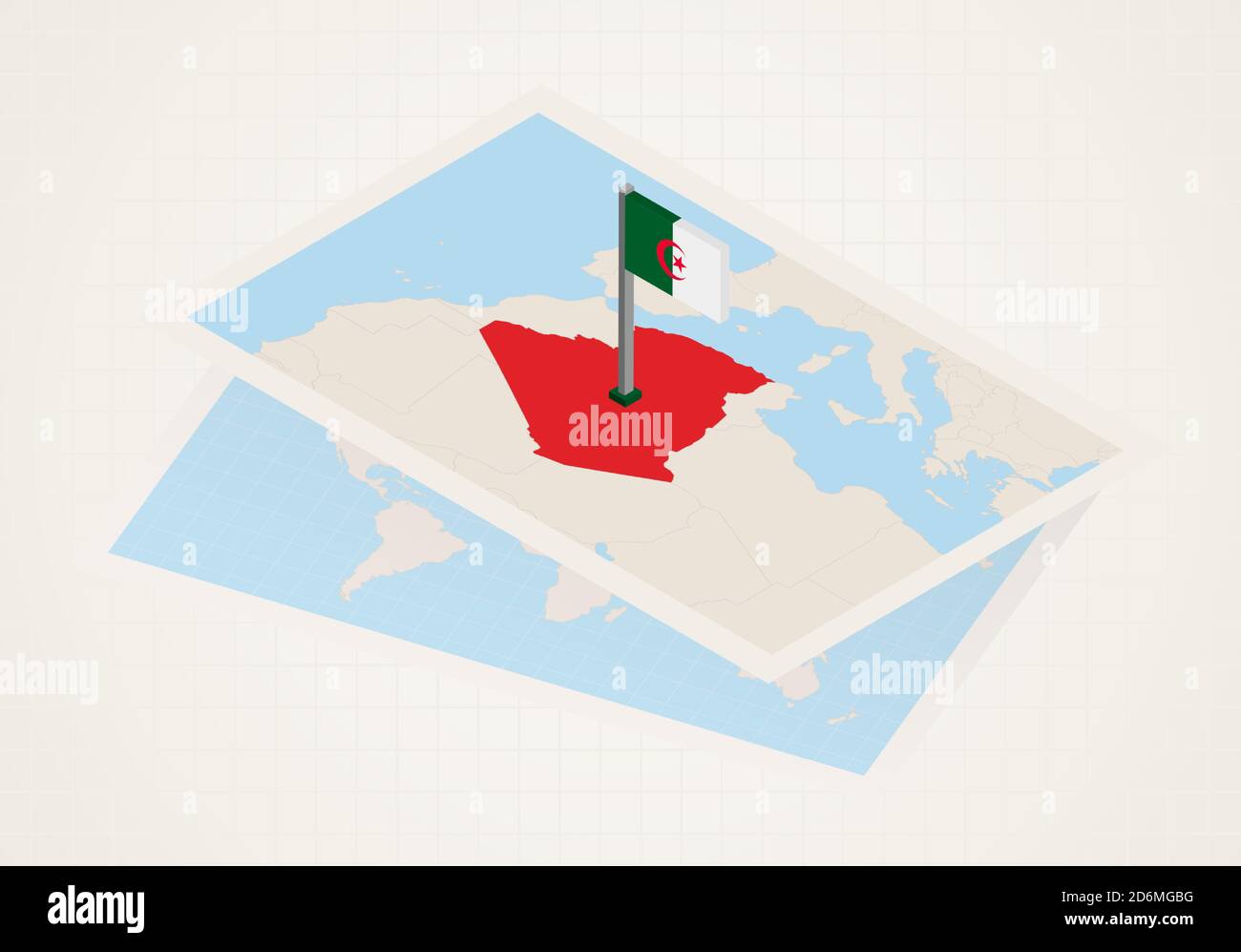 Algeria selected on map with 3D flag of Algeria. Vector paper map. Stock Vector