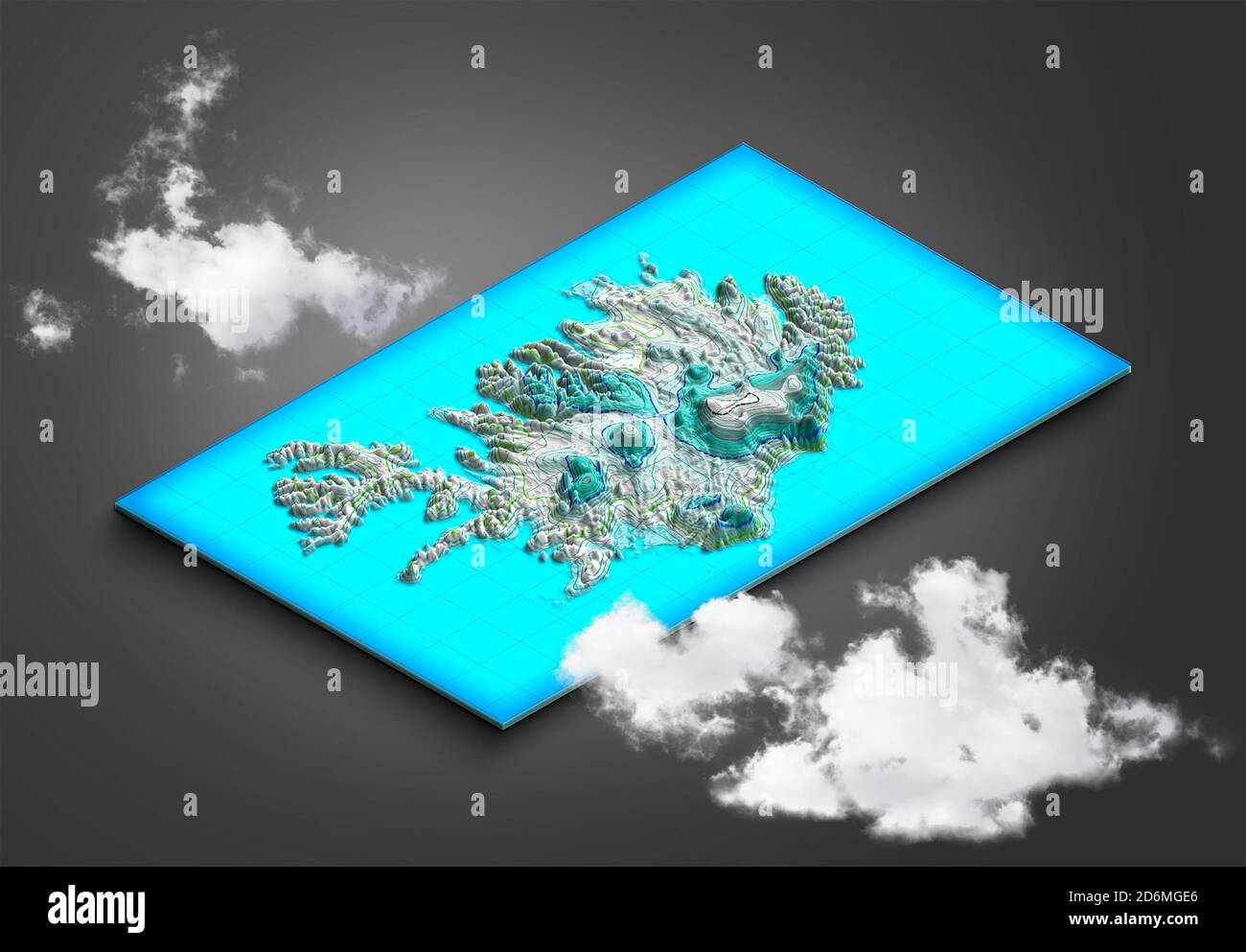 Satellite view of Iceland, map. Clouds and snow, annual rainfall. 3d render. Weather. Section of the island. Reykjavik Stock Photo