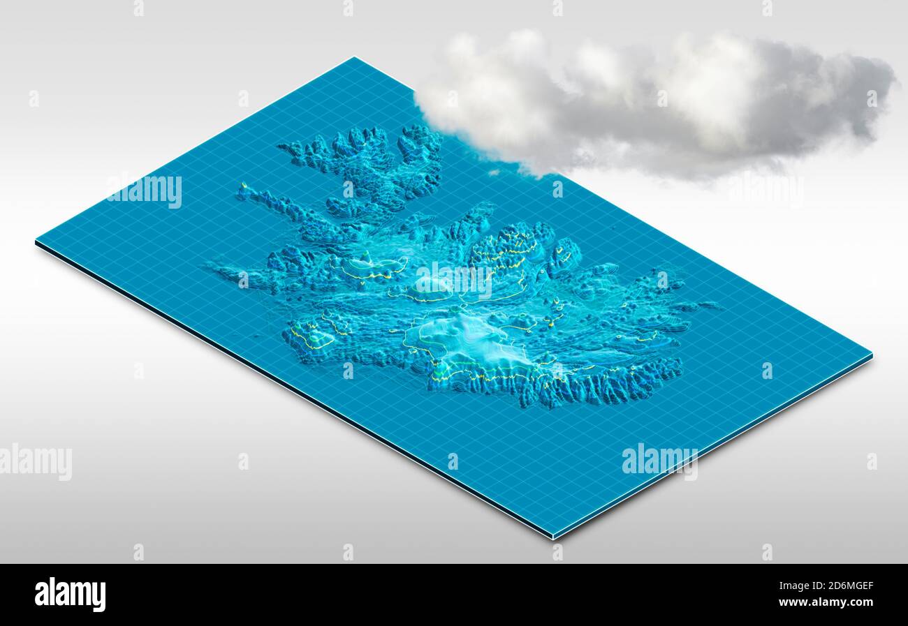 Satellite view of Iceland, map. Clouds and snow, annual rainfall. 3d render. Weather. Section of the island. Reykjavik Stock Photo